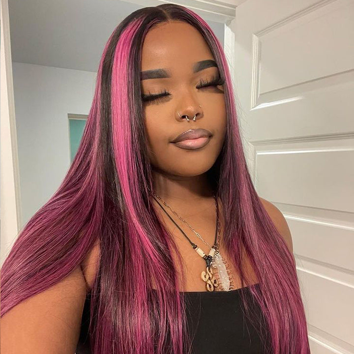 Highlight Purple Straight HD Transparent Lace Front Wig Highlights Pre Plucked Hairline Human Hair Wigs