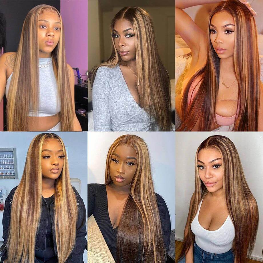 Long Straight Hair Honey Blonde Highlights T Part  Lace Front Wig Pre Plucked With Baby Hair 100% Virgin Humam Hair Wig-Geeta Hair