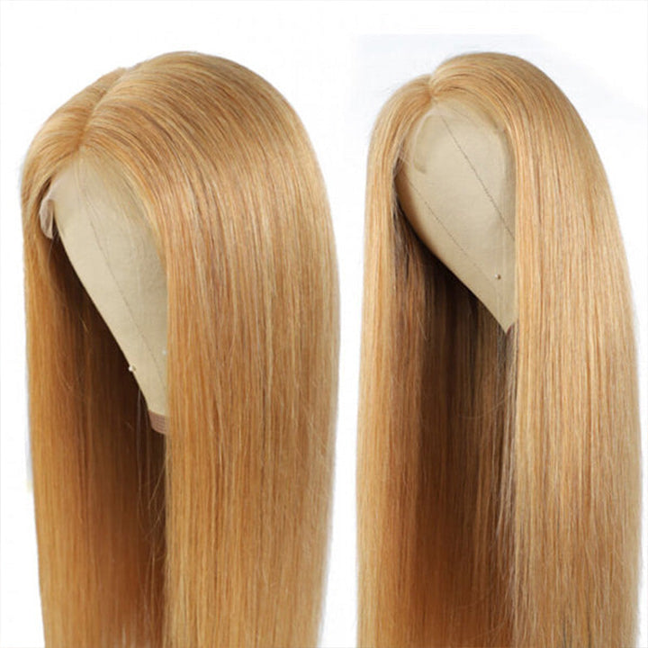 Honey Blonde Straight HD Transparent Lace Front Wig #27 Color  Glueless Pre Plucked Hairline Real Human Hair Wigs