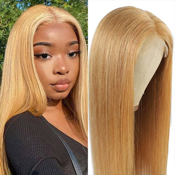 Honey Blonde Straight HD Transparent Lace Front Wig #27 Color  Glueless Pre Plucked Hairline Real Human Hair Wigs