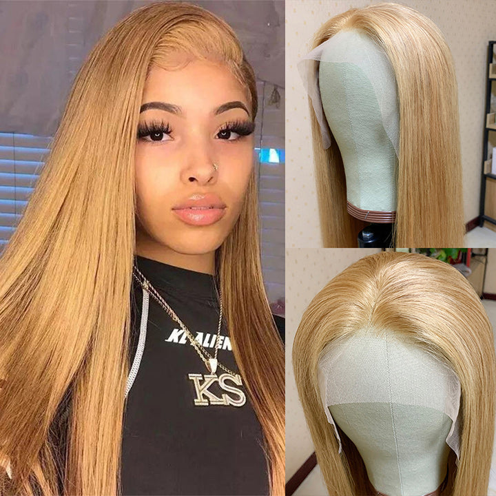 Honey Blonde Straight HD Transparent Lace Front Wig #27 Color  Glueless Pre Plucked Hairline Real Human Hair Wigs