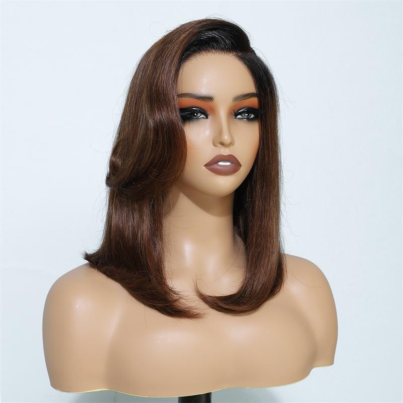 Layer Cut Ombre Brown Colored Wig Short Body Bob Wigs Wear Go Glueless C Part HD Lace Wig