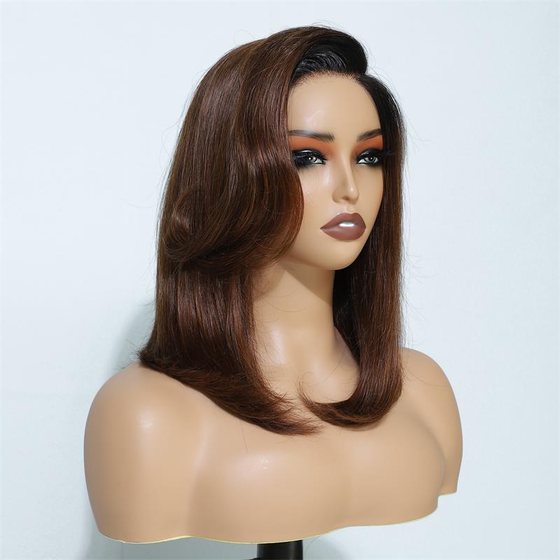 Layer Cut Ombre Brown Colored Wig Short Body Bob Wigs Wear Go Glueless C Part HD Lace Wig