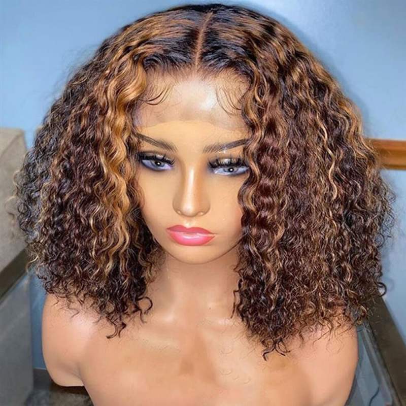 Wear and Go Glueless Wigs Short Ombre Highlight Culry Bob Wig Beginner Friendly Deep Parting Wig