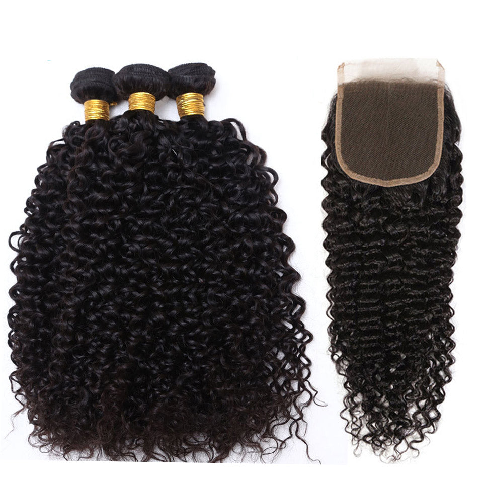 GeetaHair Kinky Curly Hair 3 Bundles with 4x4 Lace Closure 100% Remi Human Hair Soft Shiny Wave Hair