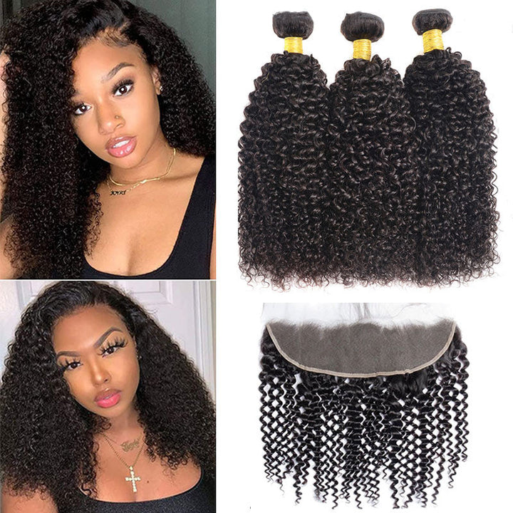 GeetaHair Kinky Curly 3 Bundles with 13x4 Lace Frontal 100% Human Hair Extensions