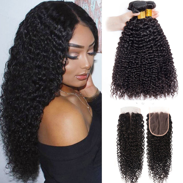 GeetaHair Kinky Curly Hair 3 Bundles with 4x4 Lace Closure 100% Remi Human Hair Soft Shiny Wave Hair