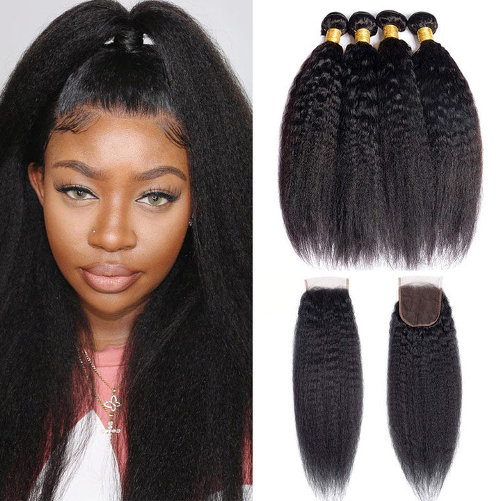 Geetahair Kinky Straight Hair 4 Bundles With 4x4 Lace Closure Human Hair Extensions