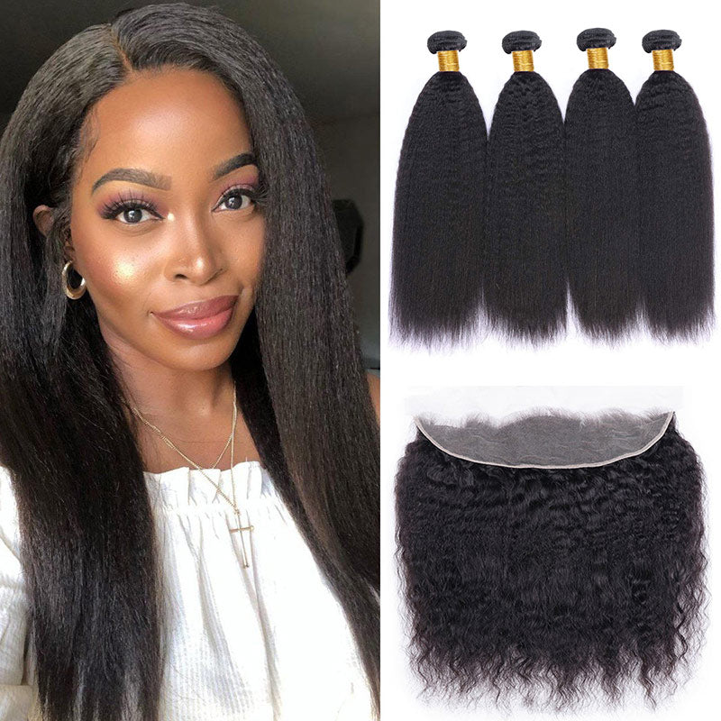 Geetahair Kinky Straight Hair 4 Bundles With 13x4 Lace Frontal 100% Unprocessed Human Hair