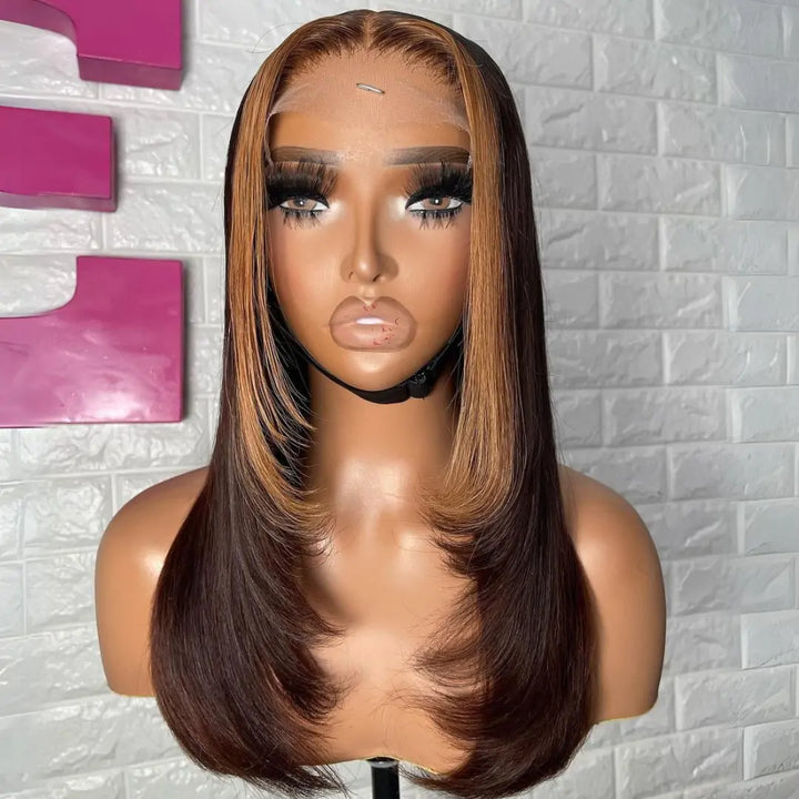 Layer Cut Wigs Brown With Blonde Short Bob Wig Layered Straight1 3X4 Lace Front Human Hair Wigs 180% Density