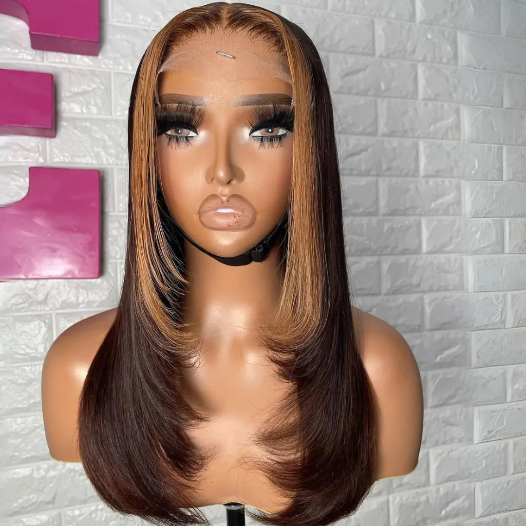 Layer Cut Wigs Brown With Blonde Short Bob Wig Layered Straight1 3X4 Lace Front Human Hair Wigs 180% Density