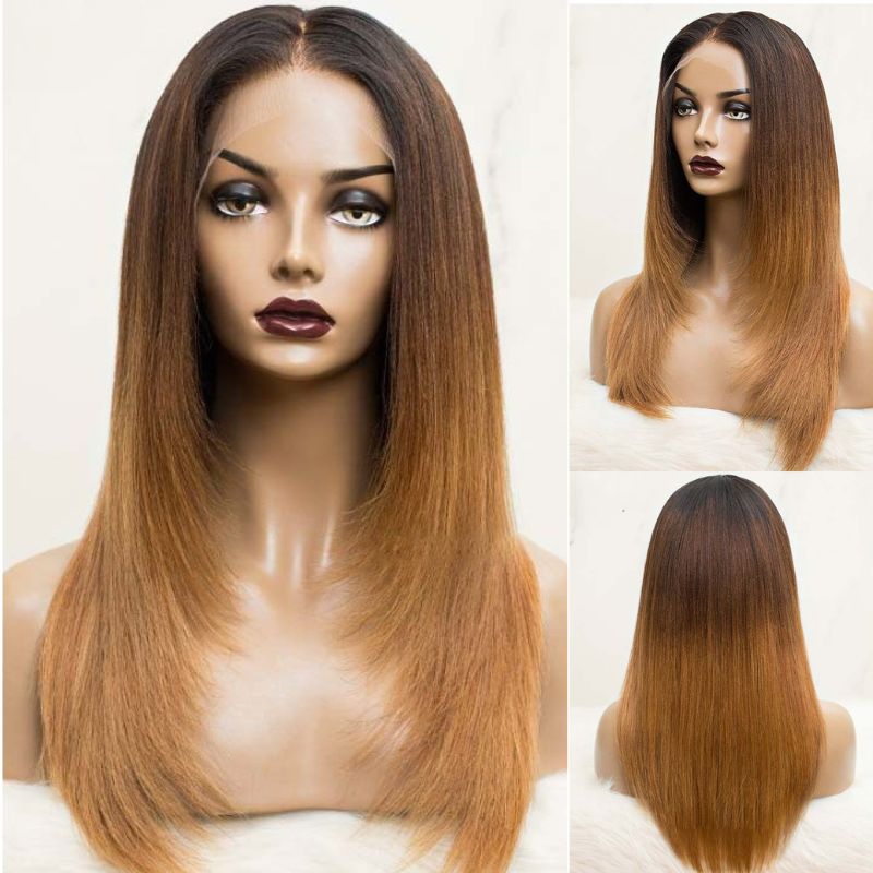 Pre Bleached Knots T1B/4/27 Ombre Straight Layered Cut Lace Front Wigs  Pre-Blucked 180% Density