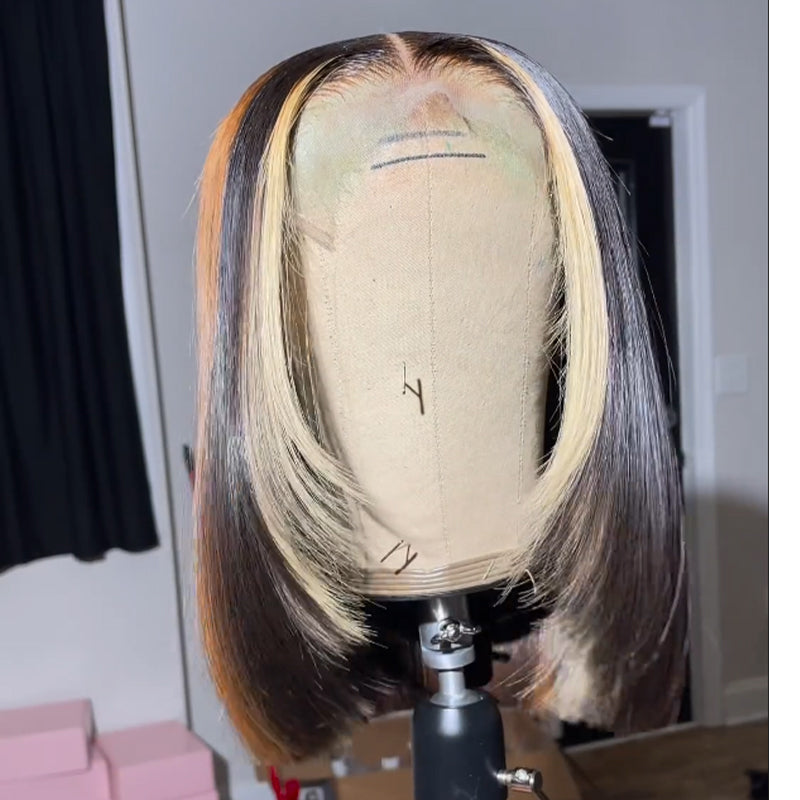 Layered Cut Wigs Straight Bob Human Hair Wigs Blonde With Brown Short Bob Lace Front Wig