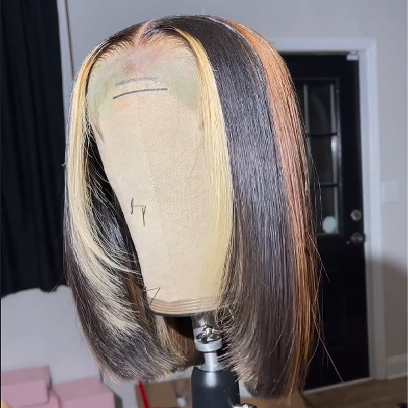 Layered Cut Wigs Straight Bob Human Hair Wigs Blonde With Brown Short Bob Lace Front Wig