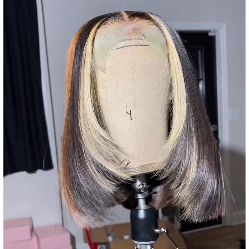 Layered Cut Wigs Straight Bob Human Hair Wigs Blonde With Brown Short Bob Lace Front Wig