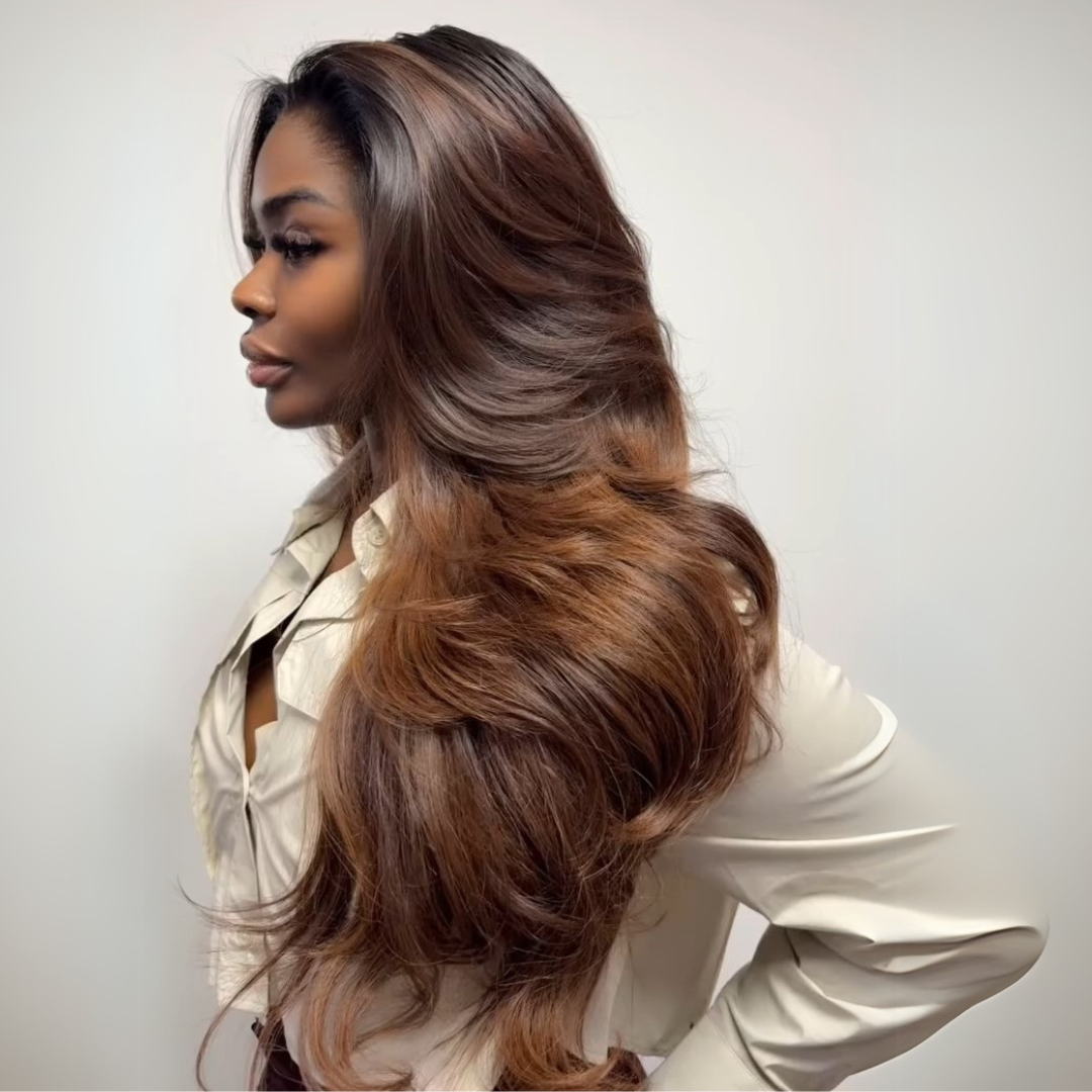 Layered Cut With Curtain Bangs Glueless Wigs Brown Higlight Long Wavy 13x4 Lace Front Human Hair Wigs 250% Density