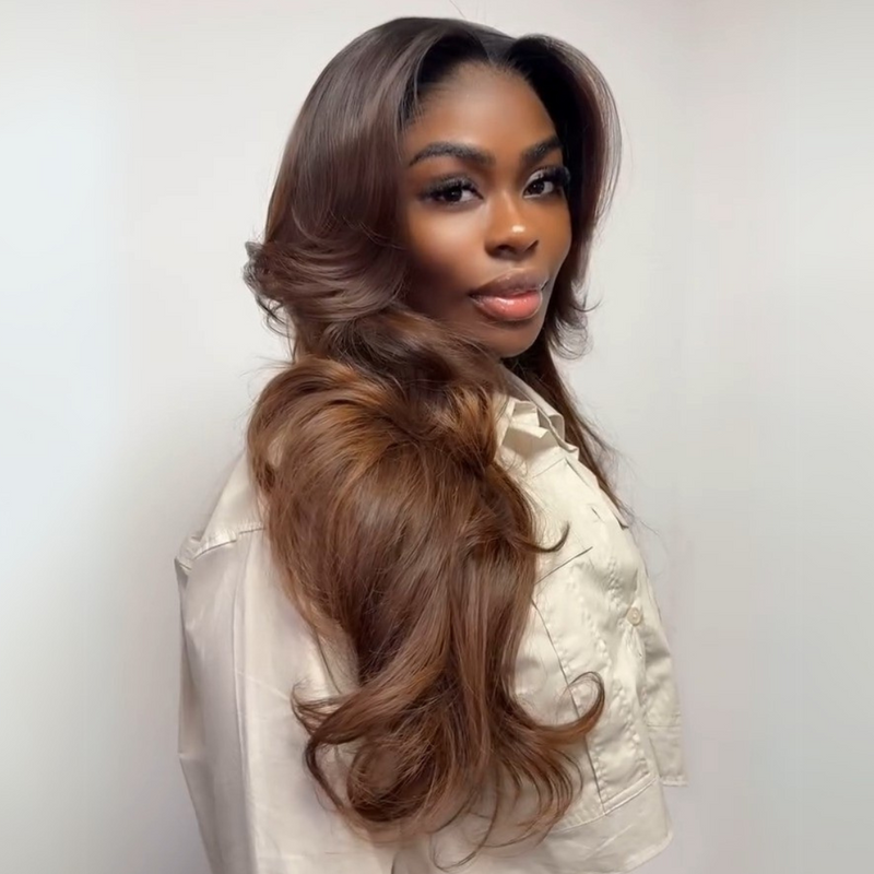 Layered Cut With Curtain Bangs Glueless Wigs Brown Higlight Long Wavy 13x4 Lace Front Human Hair Wigs 250% Density