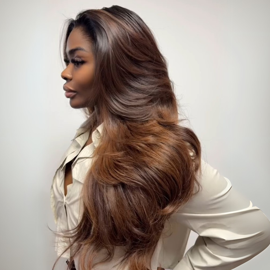 Layered Cut With Curtain Bangs Glueless Wigs Brown Higlight Long Wavy 13x4 Lace Front Human Hair Wigs 250% Density