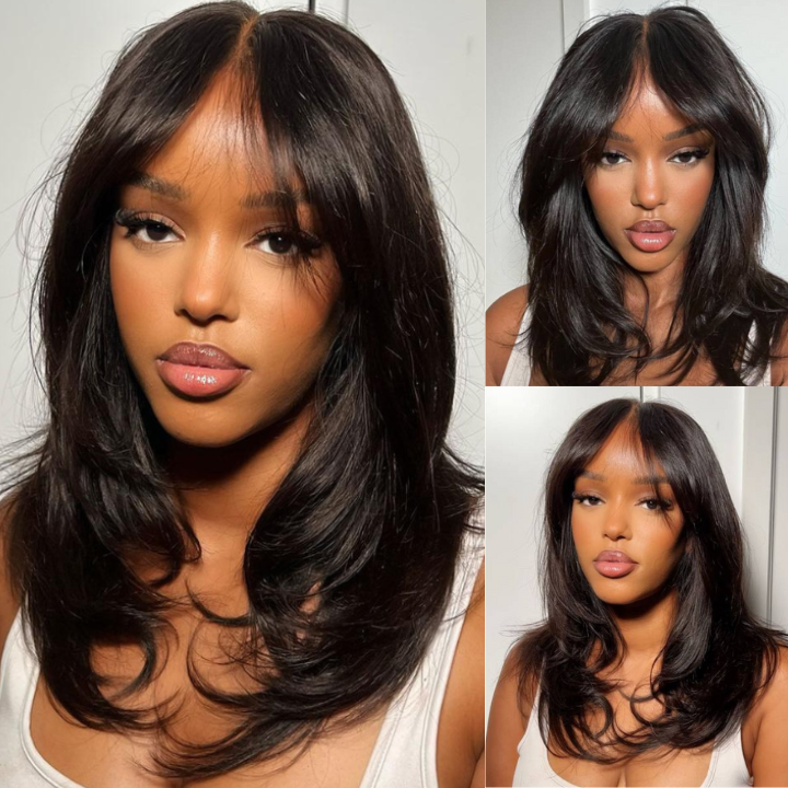 24 Hours Shipping Long Natural Wavy Curtain Bangs Glueless 5x5 HD Lace Closure Wig Easy to Wear Lace Human Hair Bob Wigs-GeetaHair
