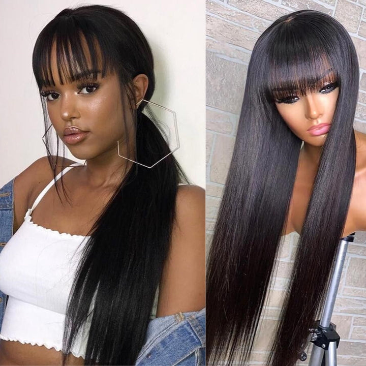 Buy 1 Get 1 Free: Long Straight Hair With Bangs Natural Black Hair Wig - Flash Sale