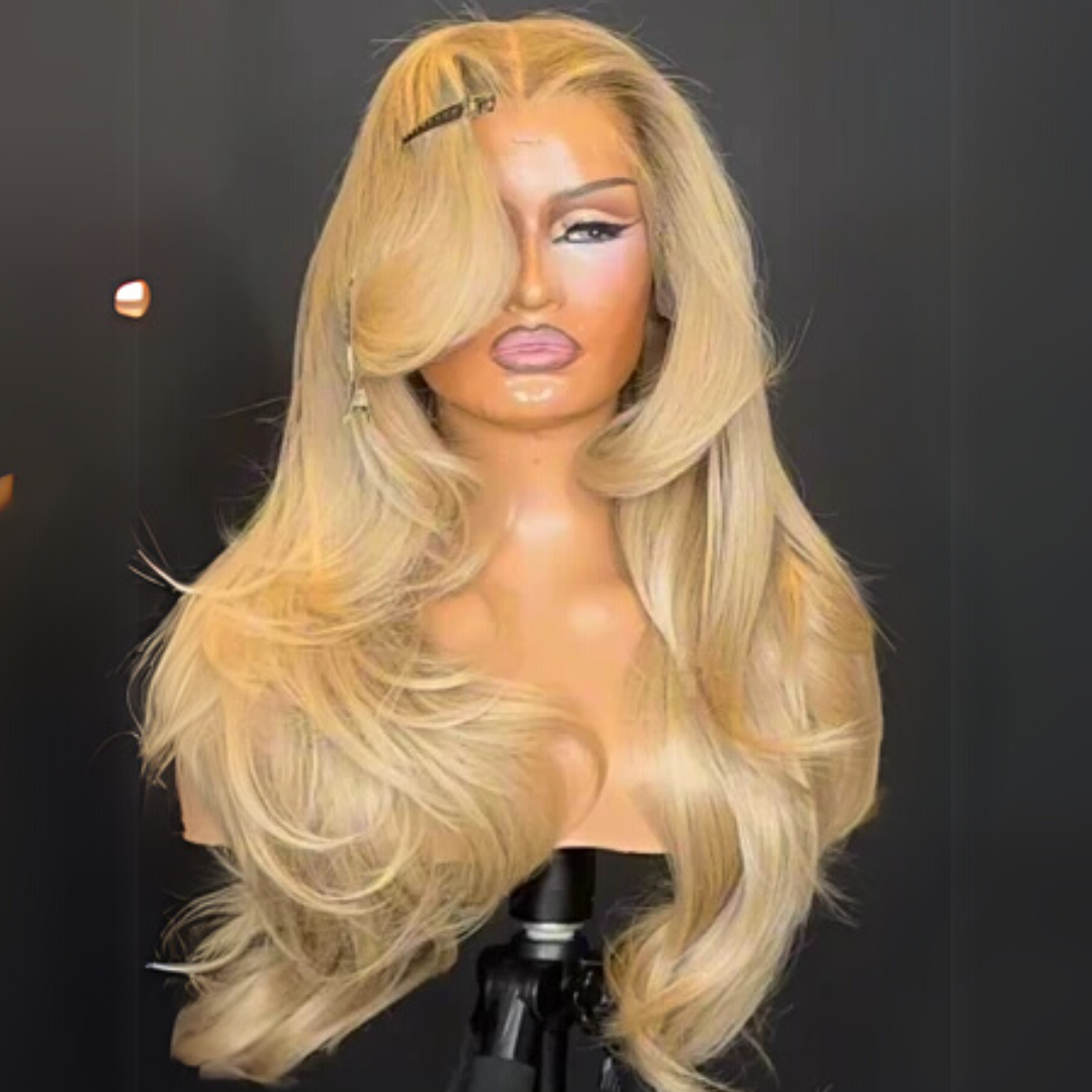 Long Wavy Bangs Golden Blonde Lace Front Wigs 13x4 Natural Wavy Glueless Wigs Pre Plucked 250% Density