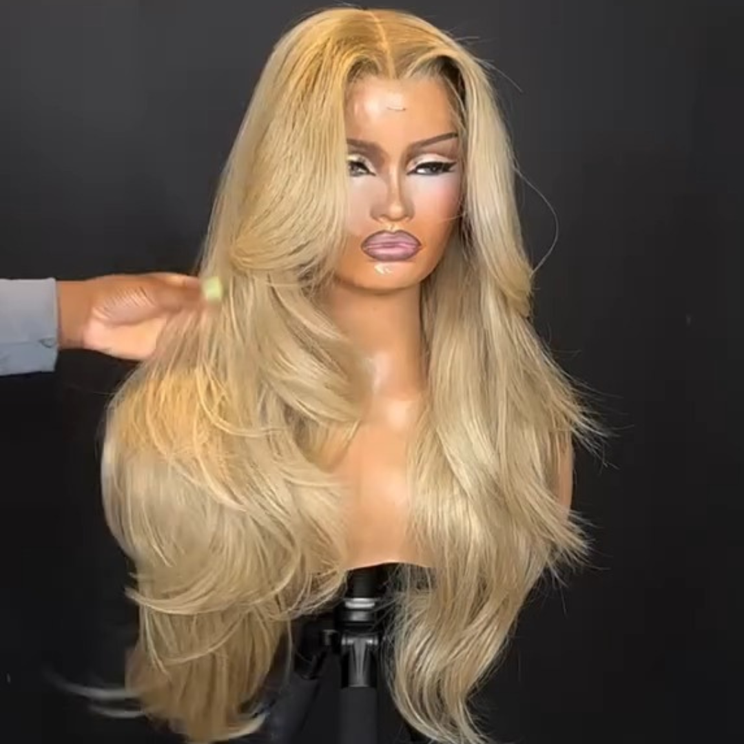 Long Wavy Bangs Golden Blonde Lace Front Wigs 13x4 Natural Wavy Glueless Wigs Pre Plucked 250% Density