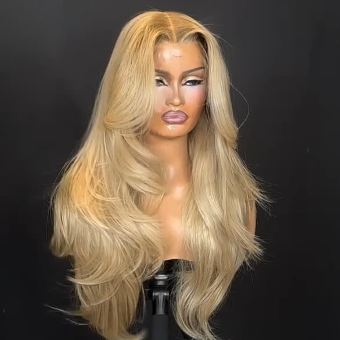 Long Wavy Bangs Golden Blonde Lace Front Wigs 13x4 Natural Wavy Glueless Wigs Pre Plucked 250% Density