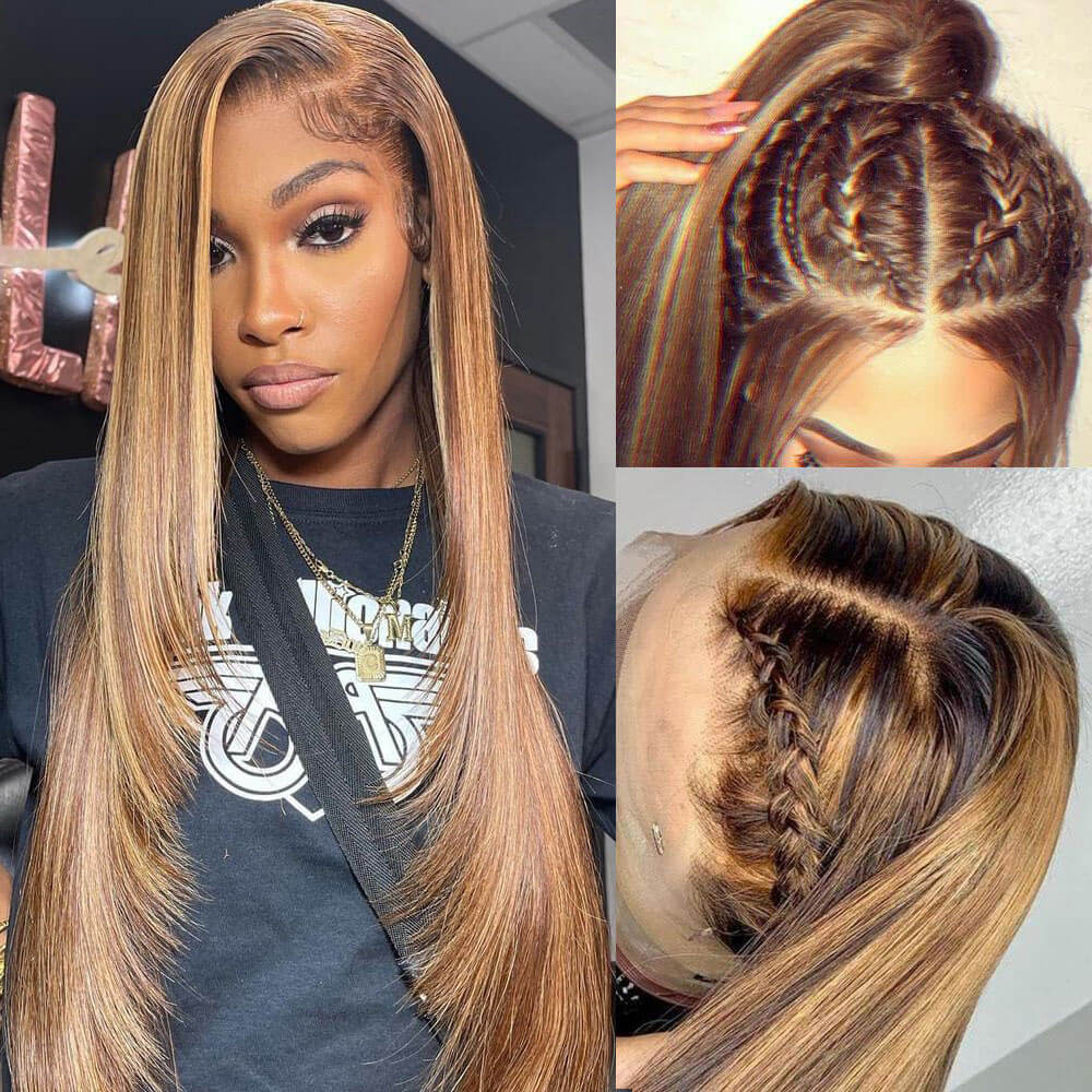 Straight Hair Honey Blonde Highlight Wig 13x4 HD Transparent Lace Human Hair Wigs Pre Plucked With Baby Hair-Geetahair
