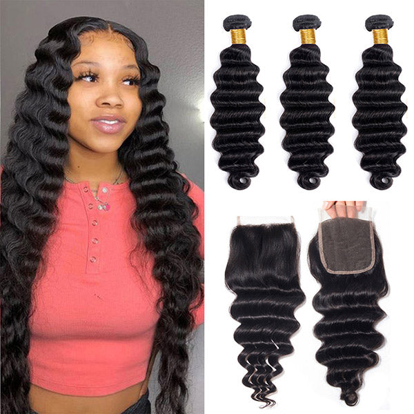 GeetaHair Loose Deep Wave 3 Bundles With 4x4 Lace Closure 100% Virgin Human Hair