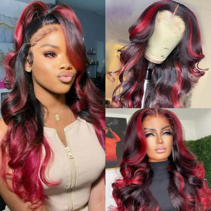 Valentine's Day Flash Sale: Loose Wave 13x4 HD Lace Ombre Dark Burgundy With Rose Red Highlight Wigs, 48hrs Limit
