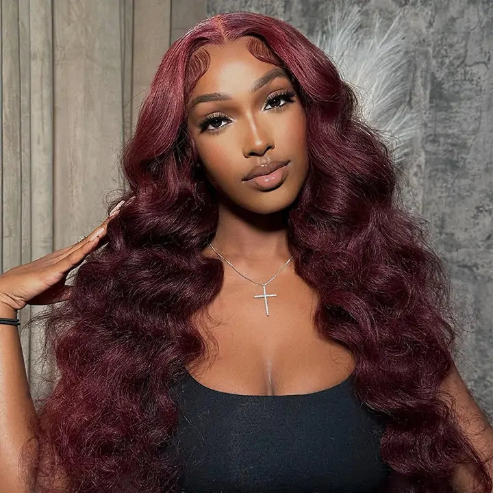 Body Wave 99J Lace Front Wig 13x4 Burgundy Colored Glueless Wigs Pre Plecked -Geeta Hair