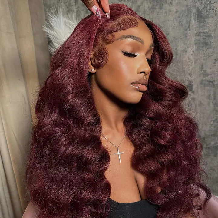 Body Wave 99J Lace Front Wig 13x4 Burgundy Colored Glueless Wigs Pre Plecked -Geeta Hair