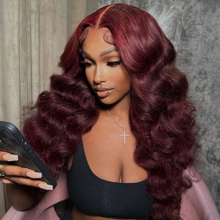 Body Wave 99J Lace Front Wig 13x4 Burgundy Colored Glueless Wigs Pre Plecked -Geeta Hair