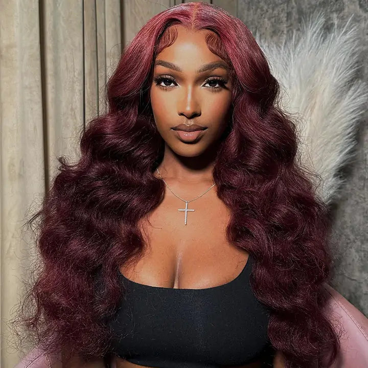 Body Wave 99J Lace Front Wig 13x4 Burgundy Colored Glueless Wigs Pre Plecked -Geeta Hair
