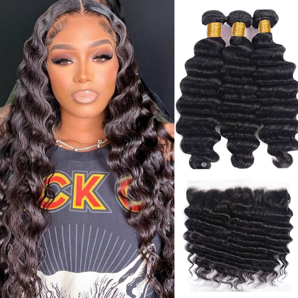 Geetahair Loose Deep Wave 13x4 Lace Frontal With 3 Bundles 100% Human Hair
