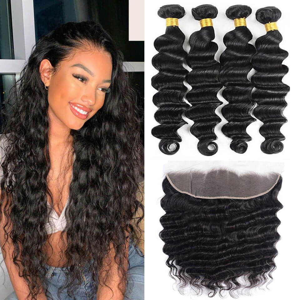 GeetaHair Loose Deep Wave 4 Bundles With 13x4 Lace Frontal 100% Unprocessed Human Hair