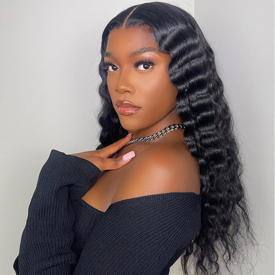 Loose Deep Wave Middle Part Lace Front Wig Natural Crimps Curls T Part Wig With Baby Hair-Geeta Hair