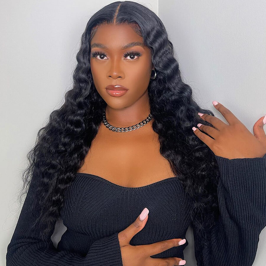 Loose Deep Wave Middle Part Lace Front Wig Natural Crimps Curls T Part Wig With Baby Hair-Geeta Hair