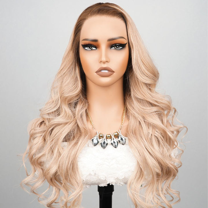 24 Hours Shipping Luxury Designer Series Light Flaxen Brow with Dark Roots Wig Body Wave 13x4 Lace Front Gluleless Wigs 180% Density