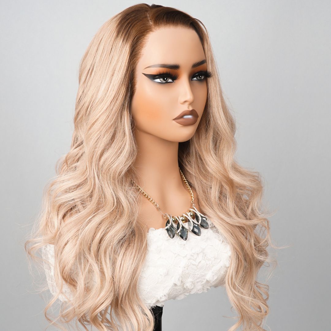 24 Hours Shipping Luxury Designer Series Light Flaxen Brow with Dark Roots Wig Body Wave 13x4 Lace Front Gluleless Wigs 180% Density