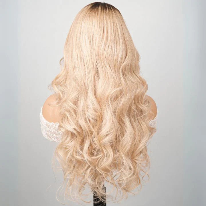 24 Hours Shipping Luxury Designer Series Light Flaxen Brow with Dark Roots Wig Body Wave 13x4 Lace Front Gluleless Wigs 180% Density