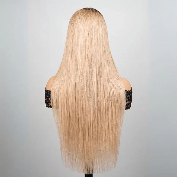 Luxury Designer Series Light Flaxen Brow with Dark Roots Wig Straight 13x4 Lace Front Gluleless Wigs