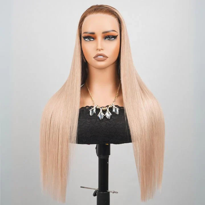 Luxury Designer Series Light Flaxen Brow with Dark Roots Wig Straight 13x4 Lace Front Gluleless Wigs