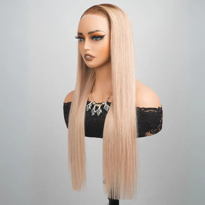 Luxury Designer Series Light Flaxen Brow with Dark Roots Wig Straight 13x4 Lace Front Gluleless Wigs