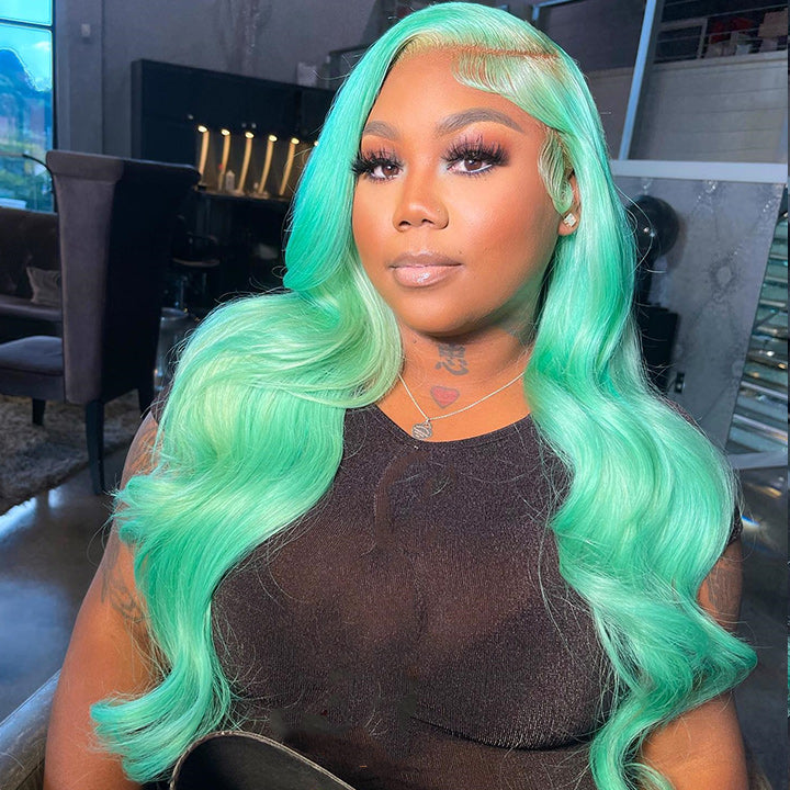 Mint Green Body Wave Lace Front Wig Colored Glueless HD Transparent Lace Human Hair Wigs-Geeta Hair