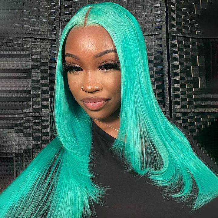 Mint Green Layered Straight Hair Glueless Lace Front Wig Lake Blue Butterfly Haircut Human Hair Wigs