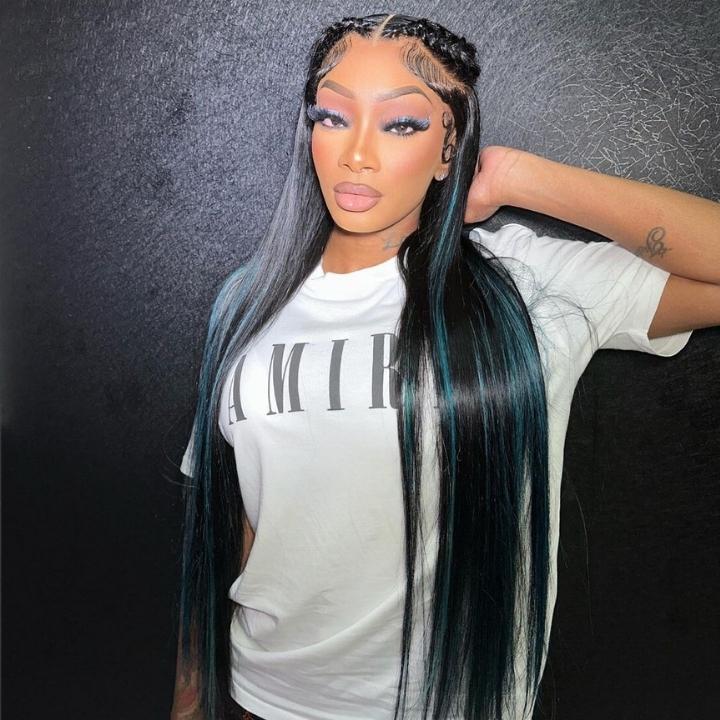 Funky Colored Wigs | Highlight Bluish Green Straight HD Transparent Lace Wig Moeny Piece Colored Natural Hairline Human Hair Wigs-Geeta Hair