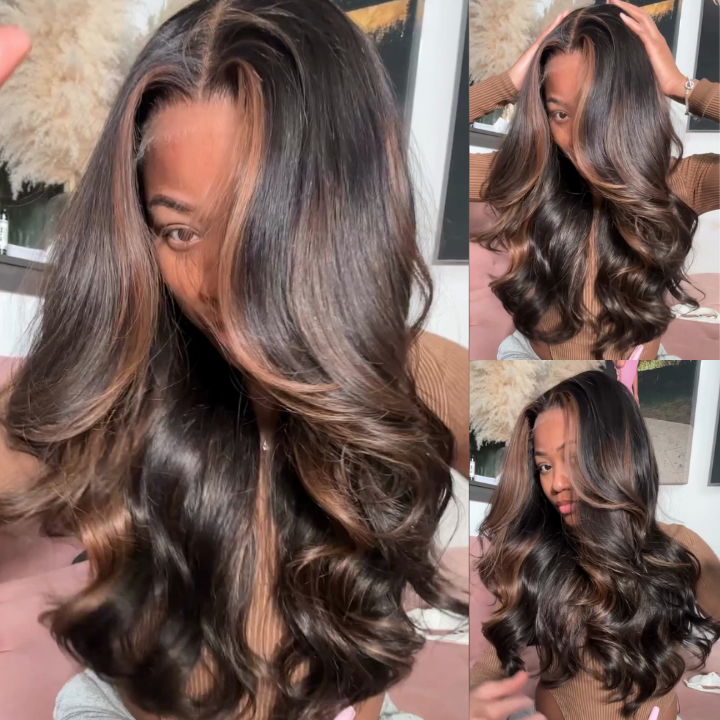 Money Piece Brown Body Wave HD Transparent Lace Front Wigs Glueless Skunk Stripe Color Human Hair Wigs-GeetaHair