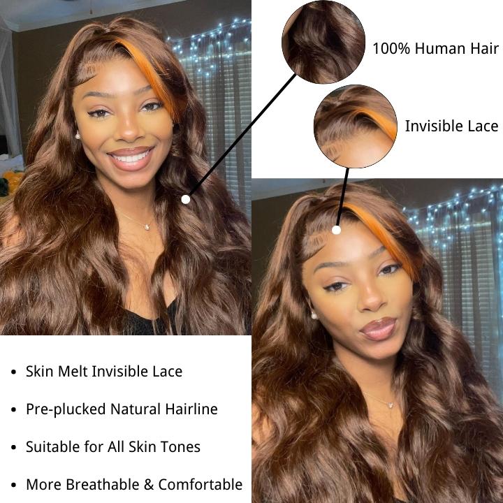 Money Piece Ginger Body Wave HD Transparent Lace Front Wigs Glueless Skunk Stripe Orange Human Hair Wigs-GeetaHair