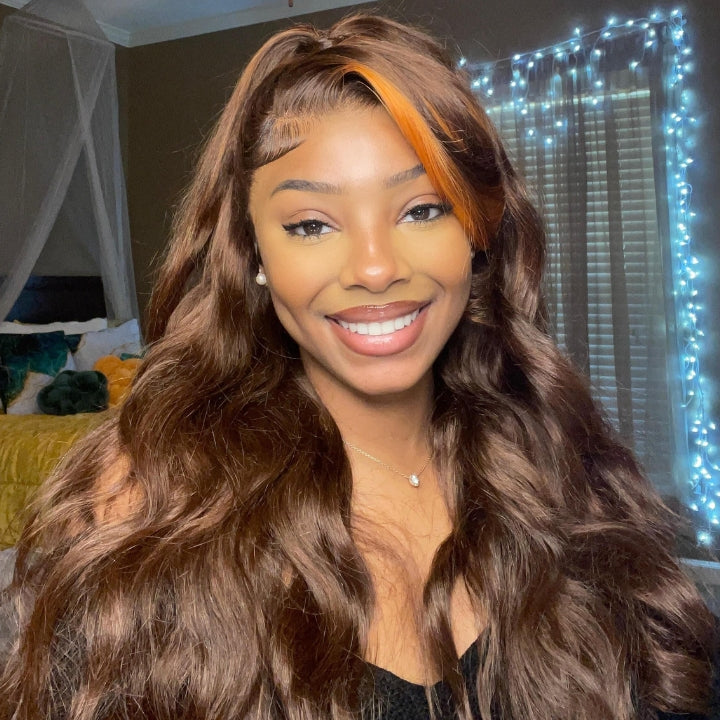 Money Piece Ginger Body Wave HD Transparent Lace Front Wigs Glueless Skunk Stripe Orange Human Hair Wigs-GeetaHair